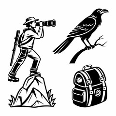 Fototapeta premium Wildlife photographer on mountain peak with backpack and raven