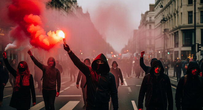 A hooded protester waves a red smoke bomb during a street demonstration, surrounded by activists and smoke at a street protest