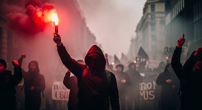 A hooded protester waves a red smoke bomb during a street demonstration, surrounded by activists and smoke at a street protest