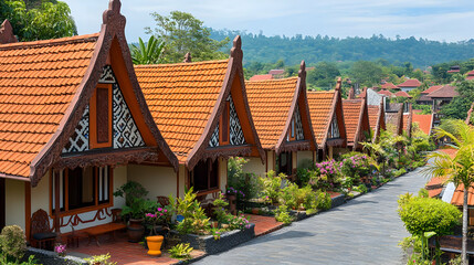 Obraz premium Row of Orange Roof Houses on Hillside with Stone Path