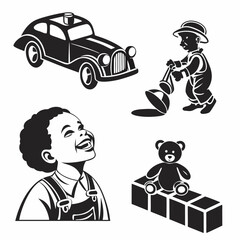 Happy children playing with classic toys vintage car teddy bear blocks