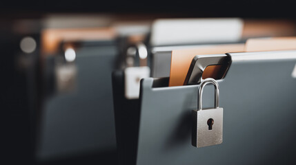Secured Records: A close-up shot of a locked filing cabinet drawer, showcasing the importance of data privacy, security, and confidential information storage within a secure, organized system.