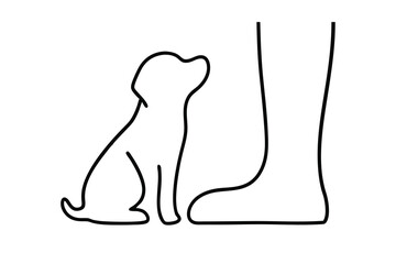 Small dog looking up at a large human leg line drawing