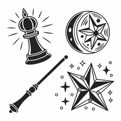 Magical elements design set moon star wand chess piece