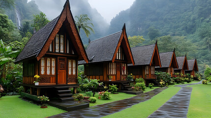 Row of Wooden Cabins in a Lush Tropical Rainforest