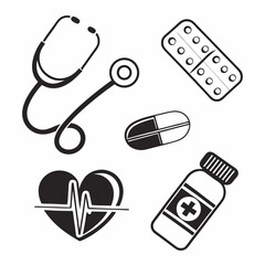Professional medical icons stethoscope pills heartbeat medicine bottle transparent background