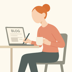 Modern Flat Style Woman Writing Blog Post at the Laptop Illustration