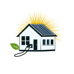 Eco-friendly house with solar panels and sun