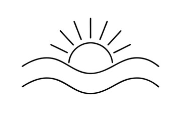 Simple line drawing sun setting over ocean waves