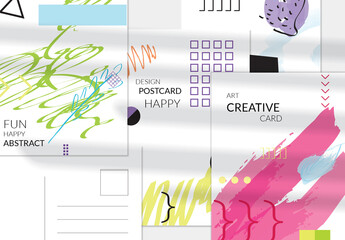 Postcard Layout with Hand Drawn Abstract Floral Doodles and Geometric Shapes