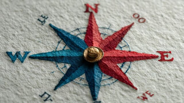 Detailed Close-up of Embroidered Compass Rose with Gold Center, Nautical Theme, Navigation and Direction Concept, Textured Fabric Background