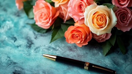 Mother's Day greeting card displayed with vibrant roses and a stylish pen. A beautiful floral arrangement adds cheerful warmth to the message celebration.