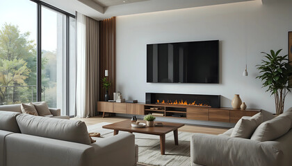 Modern living room interior with a mounted TV screen on the wall, couches, wooden furniture, wide view
