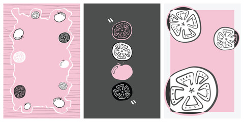 Set of 3 poster designs for healthy food concept, Veggie Time! Series. Cute hand drawn tomatoes illustration in minimal style, Pink, white and grey colors.