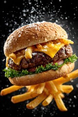 Juicy cheeseburger with melted cheese and fries on black background