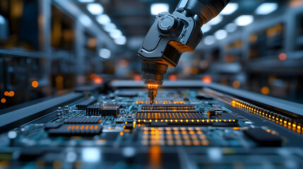 A robotic arm assembles microchips on a circuit board in a high-tech manufacturing facility.