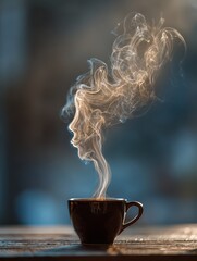Cup of coffee with face-shaped steam rising on wooden table