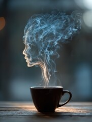 Cup of coffee with face-shaped steam rising on wooden table