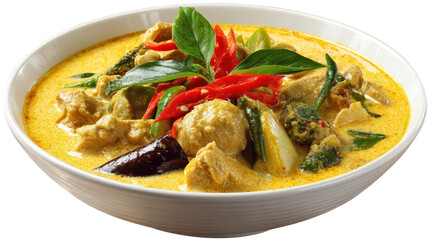 Delicious curry dish featuring chicken, vegetables, and herbs. transparent background