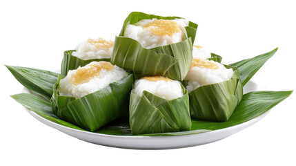 Delicious rice cake wrapped in banana leaves on a white plate. transparent background