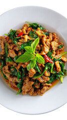 Delicious stir-fried meat with vegetables and herbs in a bowl. transparent background