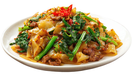Delicious stir-fried noodles with vegetables and beef garnished. transparent background