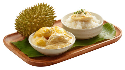Delicious Thai durian dessert served with rice and coconut milk. transparent background