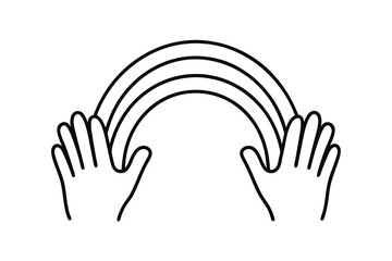 Two hands gently holding a rainbow line drawing