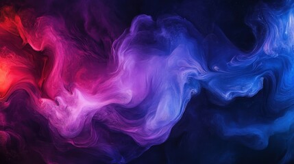 Fototapeta premium Swirling mist of vibrant blue, purple, and red hues blending seamlessly in an abstract paint-water mix, creating a soft, ethereal texture on a dark background