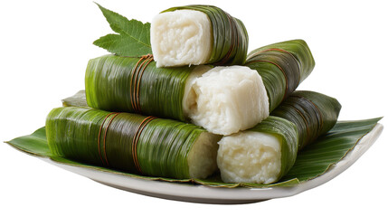 Delicious traditional rice cakes wrapped in green leaves. transparent background