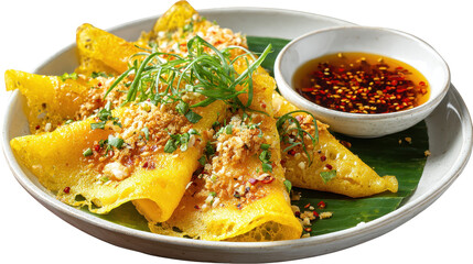 Delicious Vietnamese pancakes served with dipping sauce. transparent background