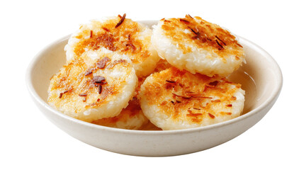 Deliciously golden coconut rice cakes served in a bowl. transparent background