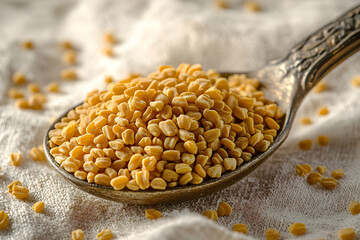 Close-up of golden fenugreek seeds in a vintage spoon, resting on white linen, with a shallow depth of field highlighting the texture and color of the spice.