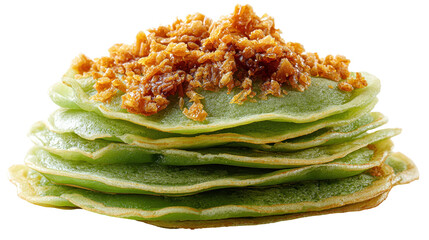 Stack of delicious green pancakes topped with crunchy bits. transparent background