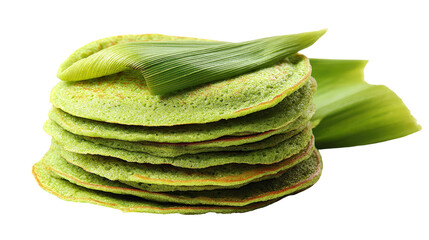 Stack of vibrant green pancakes garnished with fresh leaves. transparent background