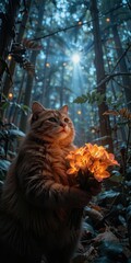 Tabby cat holding glowing lilies in forest at dusk
