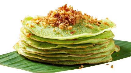 Stack of vibrant green pancakes topped with crunchy nuts. transparent background