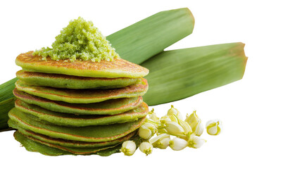 Stacked green pancakes with fresh ingredients and toppings. transparent background
