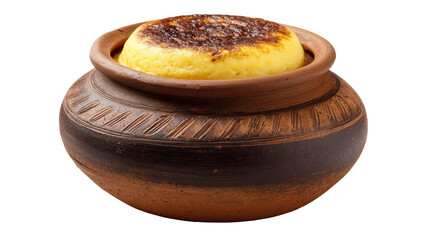 Traditional baked dish in a rustic clay pot, rich and creamy. transparent background