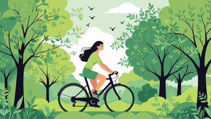 Young woman riding a bicycle through a lush green forest