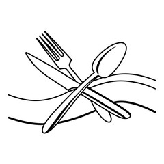 A simple line drawing shows a fork, knife, and spoon elegantly crossed atop a stylized wave, isolated on white background