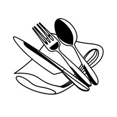 A sleek knife and fork rest elegantly atop a folded napkin, accompanied by a spoon, isolated on white background