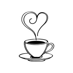A steaming cup of coffee, its aroma swirling in a heart shape, sits serenely on a saucer, isolated on white background