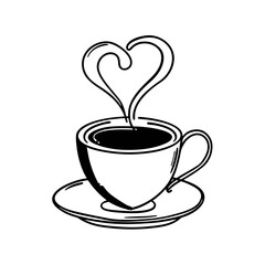 A heartshaped steam rises from a cup of coffee, isolated on white background