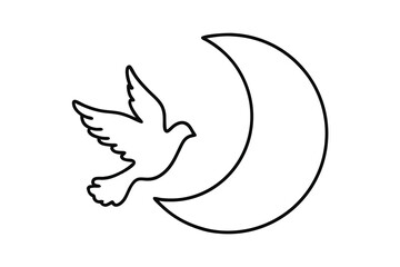 Dove flying near crescent moon line art drawing