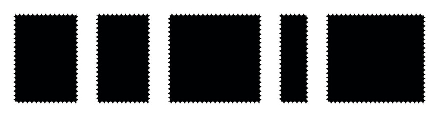  Collection blank post stamps. Postage frames set. Empty postal stamp. Borders for mail letter. White paper postmarks isolated on a background. Vector illustration, Rectangular perforated labels.