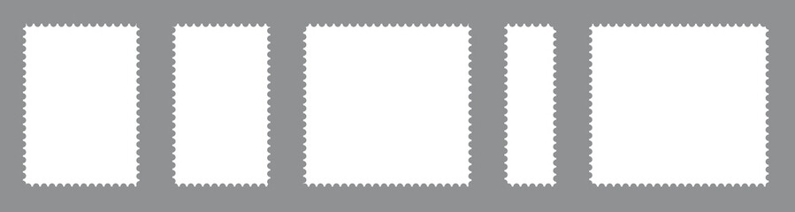 Collection blank post stamps. Postage frames set. Empty postal stamp. Borders for mail letter. White paper postmarks isolated on a background. Vector illustration, Rectangular perforated labels.