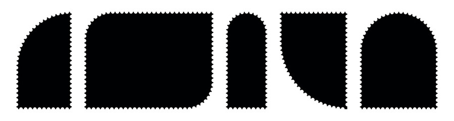 Set of postage stamp template frames. Empty borders, backdrops for postcards, letters. Blank rectangular vintage stamps. Tags, labels, coupons, boxes with curvy, wiggly, wavy perforated edges.