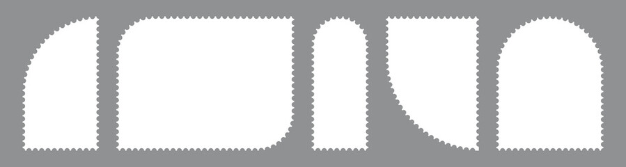  Collection blank post stamps. Postage frames set. Empty postal stamp. Borders for mail letter. White paper postmarks isolated on a background. Vector illustration, Rectangular perforated labels.