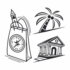 Travel shopping bag compass palm tree building design